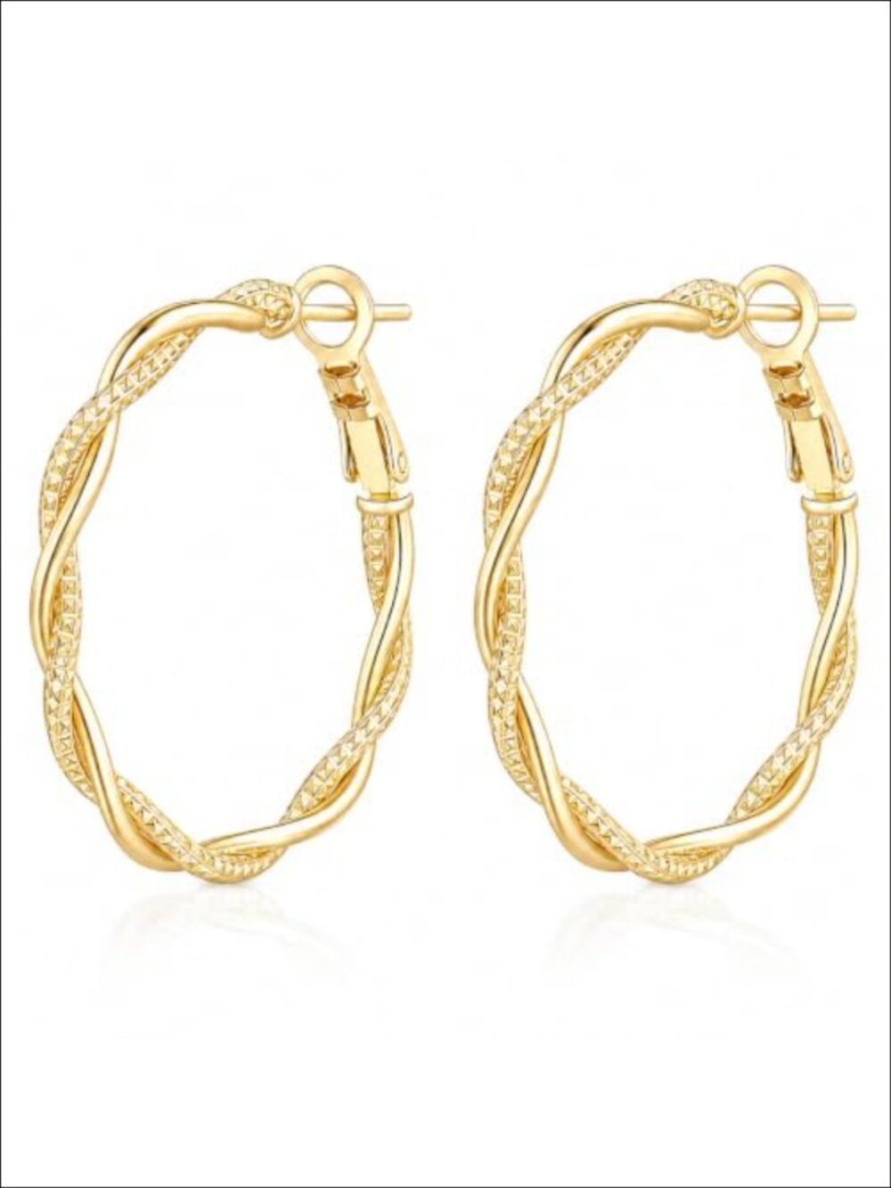 14K Gold Plated Twisted Round Hoop Earrings Textured 35mm